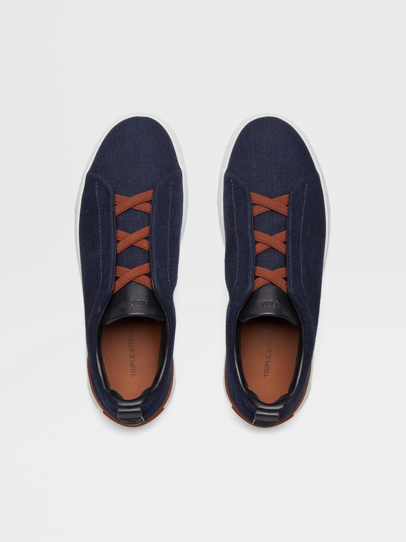 BLUE COTTON DENIM TRIPLE STITCH SNEAKERS - Image 4