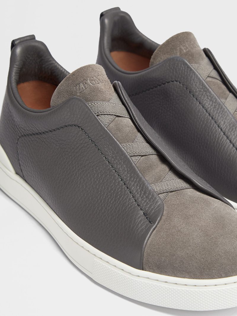 DARK GREY GRAINED LEATHER TRIPLE STITCH SNEAKERS - Image 3