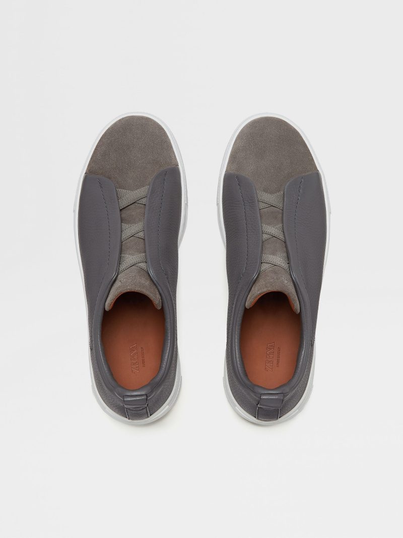 DARK GREY GRAINED LEATHER TRIPLE STITCH SNEAKERS - Image 2