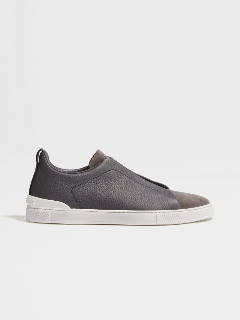 DARK GREY GRAINED LEATHER TRIPLE STITCH SNEAKERS - Image 4