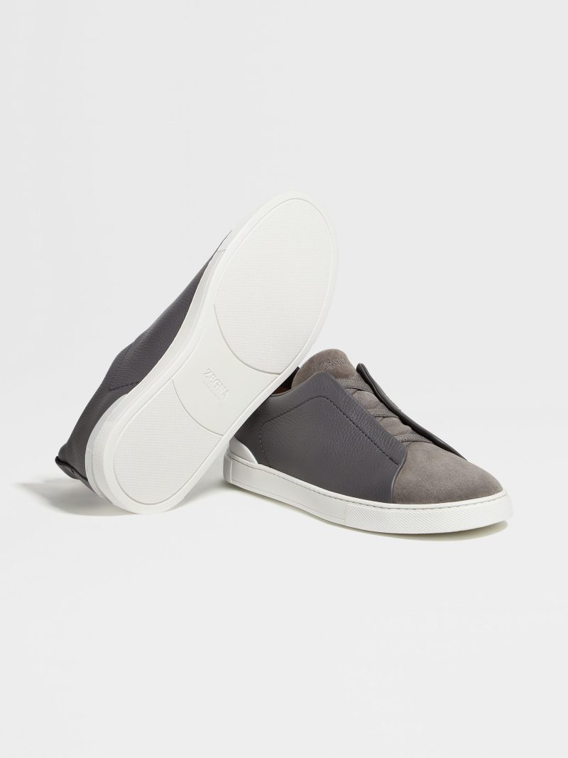 DARK GREY GRAINED LEATHER TRIPLE STITCH SNEAKERS - Image 5